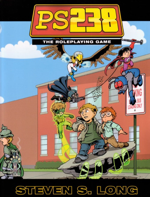 PS238 PDF, a digital version of the PS238 Roleplaying Game by Aaron Williams and Steven S. Long, colorful cartoon art featuring super-powered kids, set against a school building with vibrant colors.
