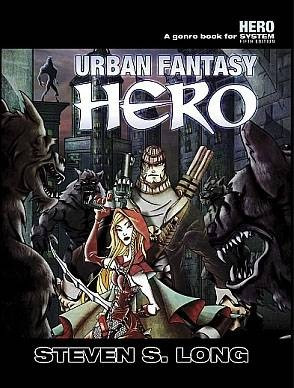 Urban Fantasy Hero PDF book cover features a fantasy scene with a woman, armored man, and creatures set against a city backdrop, including the HERO System logo, with a vibrant color palette and modern RPG elements.