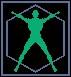 Book of the Destroyer Character Pack for Hero Designer on a black background with a blue outline, featuring a dynamic hexagonal framed green character icon, symbolizing tabletop gaming design elements with 2D vector graphic design style.