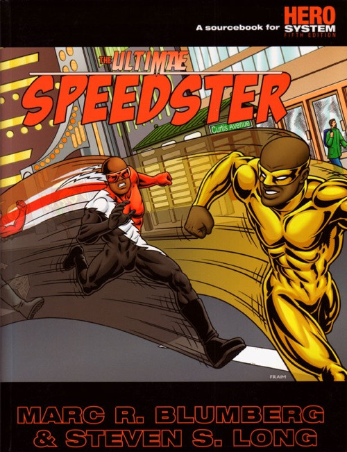 The Ultimate Speedster PDF cover featuring a red and gold superhero duo running in a cityscape, with bold title and authors Marc R Blumberg and Steven S Long, HERO System.