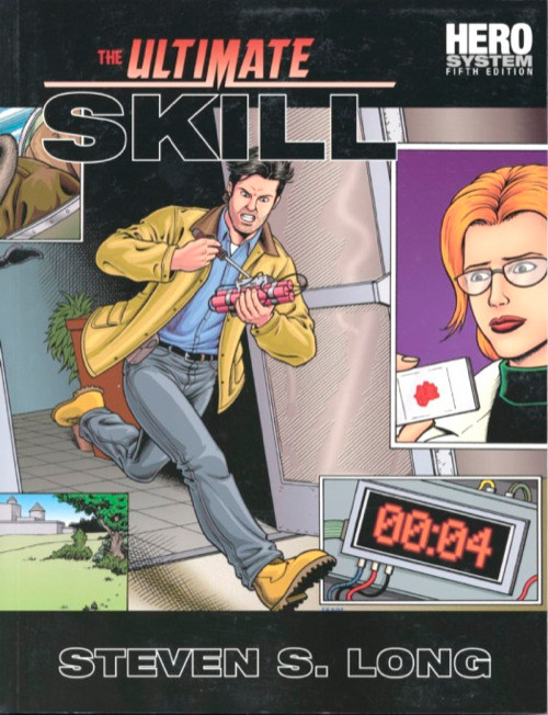 The Ultimate Skill PDF, an official HERO System guidebook, designed by Steven S. Long, featuring a digital timer background with a man and woman with detailed artwork in a standard size for a skillful gaming reference book.