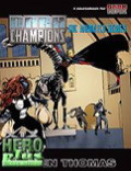 Dark Champions: The Animated Series PDF cover featuring a red-haired, black-costumed female hero standing heroically with a skeleton-themed villain and other heroes, showcasing a crime-fighting theme, illustrated in a dark, comic book style.