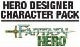 Fantasy Hero 6th Edition Character Pack logo, a white background with bold black title, featuring a sword and green text in Hero Designer format, templates, and characters for download instantly.