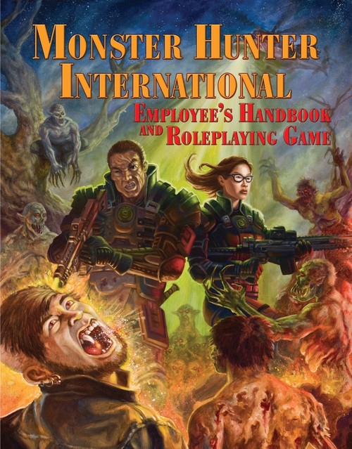 Cover art for The Monster Hunter International Employee Handbook and Roleplaying Game PDF, a 64-page PDF by Larry Correia featuring hunters battling monsters amidst flames, set against a dark, ominous background.