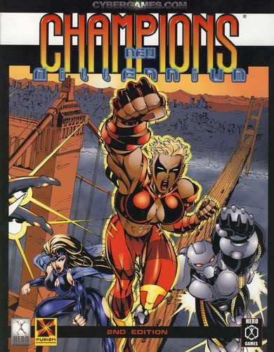 Champions New Millennium 2nd Edition PDF cover featuring a blonde woman, cityscape background, with title in large orange and yellow letters, a comprehensive guide for superhero roleplaying.