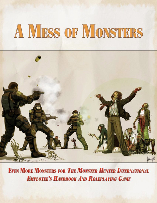 A digital cover of employee handbook and PDF guide featuring monsters and hunters in battle scene, with title A Mess of Monsters: Even More Monsters For The Monster Hunter International Employee Handbook, 29-page monster collection.