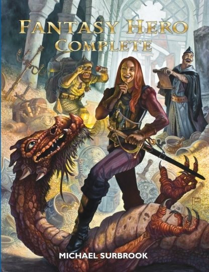 Heroic fantasy PDF by Michael Surbrook, featuring a medieval warrior with sword, accompanied by wizard and knight, set in a fantasy world with magic spells, dragons, epic quests and legendary adventure elements.