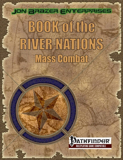Pathfinder-compatible Book of the River Nations: Mass Combat PDF cover featuring a brown parchment background with green and orange text, a blue compass and Pathfinder logo, 1.0 edition, with a compact design.