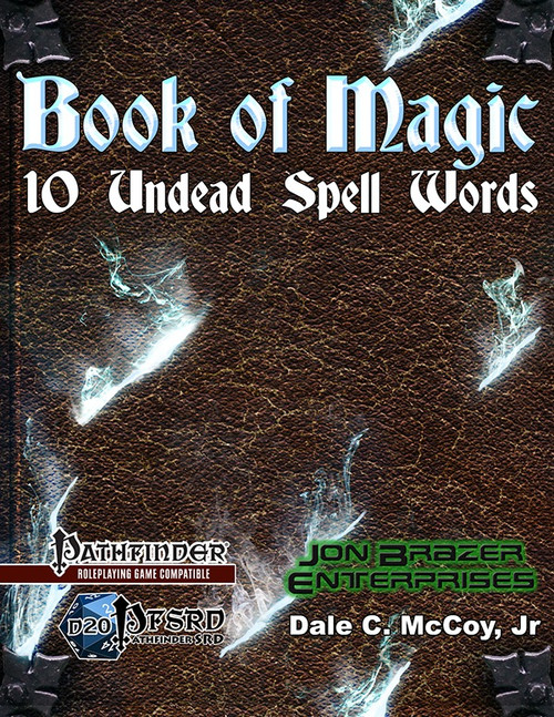 Book of Magic: 10 Undead Spell Words PDF cover features a brown leather-bound design, metal accents, and blue glowing lightning bolts, with logos for Pathfinder, D20, and Jon Breazer Enterprises, by Dale C. McCoy, Jr.