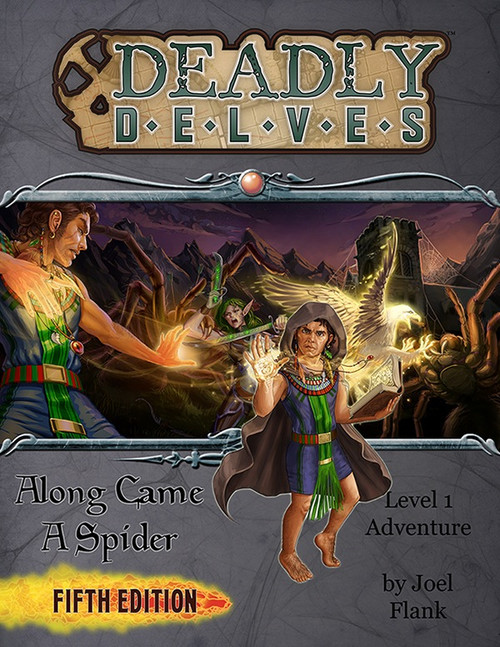 Deadly Delves: Along Came a Spider 5th Edition PDF cover, a fantasy RPG adventure module with a couple casting spells amidst giant spiders, mountains and dark purple sky,  Jon Brazer Enterprises, digital product.