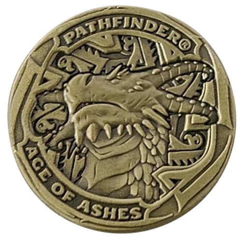 Age of Ashes Hero Point Token shows a brass-colored circular coin with the image of a dragon's horned head taking up most of the face, with the words “Pathfinder Age of Ashes” curving along the outer edge.