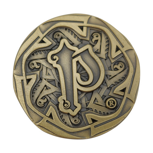 Agents of Edgewatch Hero Point Token shows a brass-colored circular coin with the image of a stylized capital letter P taking up most of the face.