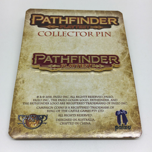 Pathfinder Collector Pin: Pathfinder Playtest Logo is a cardboard card with a parchment pattern on which is affixed an enamel Pathfinder pin in gold and dark red, above some descriptive text.
