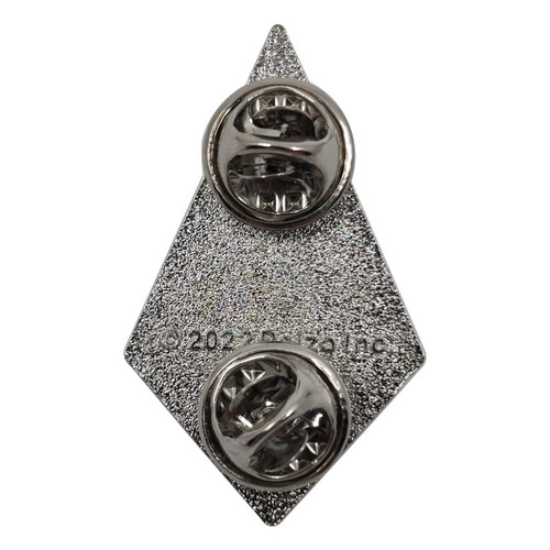 Pathfinder Society Faction Pin: Horizon Hunters shows the back side of a diamond-shaped metal pin with its two metal pin clasps showing.