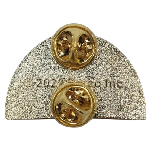 Pathfinder Society Faction Pin: Radiant Oath shows the back side of a half-circle metal pin with its two metal pin clasps showing.