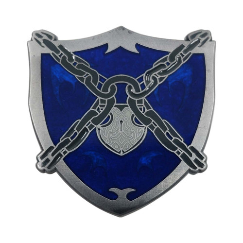 Pathfinder Society Faction Pin: Vigilant Seal shows a shield-shaped pin with a silver rim, and the image of a silver padlock with black chains on a dark blue background.
