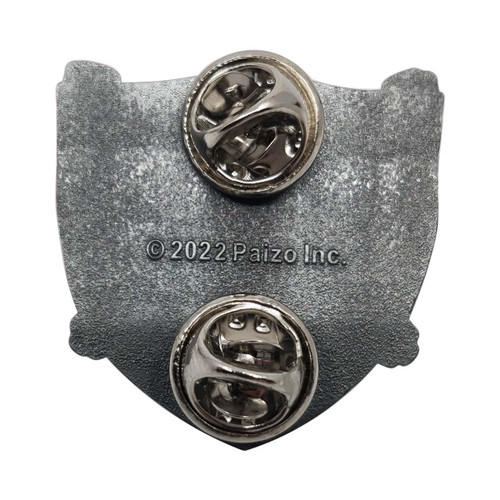 Pathfinder Society Faction Pin: Vigilant Seal shows the back side of a shield-shaped metal pin with its two metal pin clasps showing.