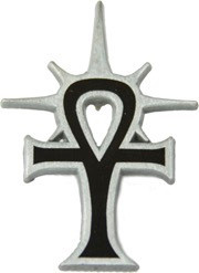 Pathfinder Society Faction Pin: Silver Crusade shows a black ankh surrounded by a silver outline, with a star shaped pattern extending from the curved top of the ankh.
