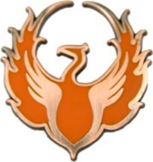 Pathfinder Society Faction Pin: Sovereign Court shows a pin shaped like a fiery orange and gold phoenix with its outstretched wings curving up to the left and right to either side of its long-necked head.