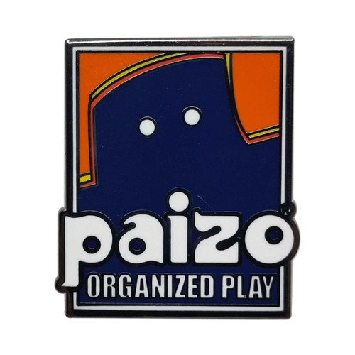 Paizo Organized Play Pin shows a rectangular pin showing the blocky purple head of the Paizo logo with two little white dots for eyes on an orange background.