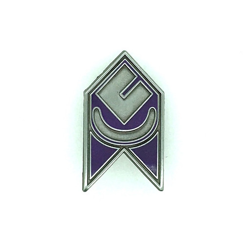 Starfinder Society Faction Pin: Second Seekers shows a chevron-shaped pin of a few silver symbols on a dark purple background.