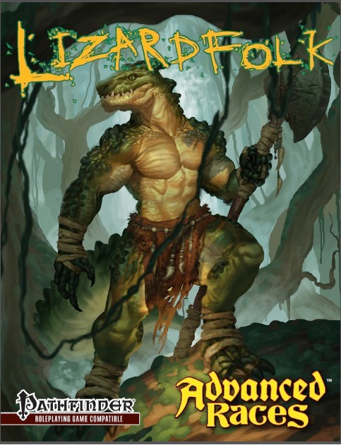 Lizardfolk Pathfinder RPG PDF cover featuring a muscular lizardfolk warrior in a swampy environment, with scaly reptilian skin, sharp teeth, and a spear, highlighting the 'Pathfinder Advanced Races 14: Lizardfolk' logo.