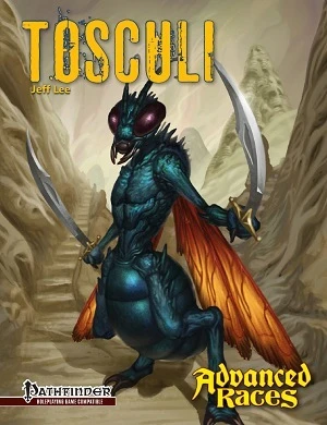 Pathfinder Advanced Races Tosculi PDF cover featuring alien Tosculi with teal body, red eyes, and orange wings, wielding swords in a desert landscape with rocky cliffs near a staircase, under the Pathfinder logo.