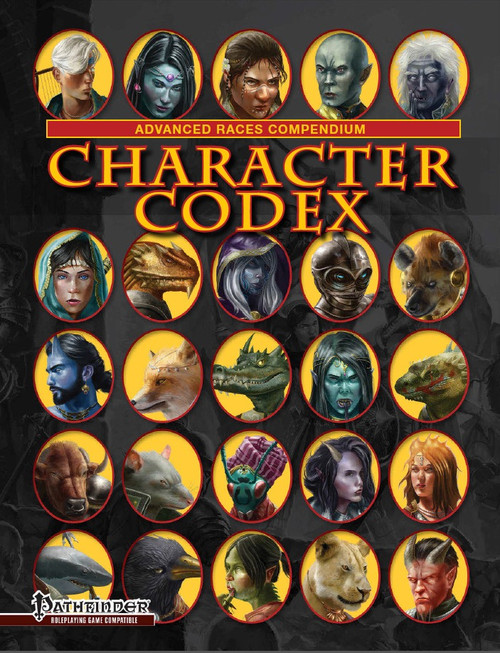 Pathfinder Roleplaying Game PDF cover featuring the Advanced Races Character Codex with 25 monstrous NPCs including trollkin, centaurs, dhampir, and ghoul characters on a dark background, suitable for PFRPG campaigns.