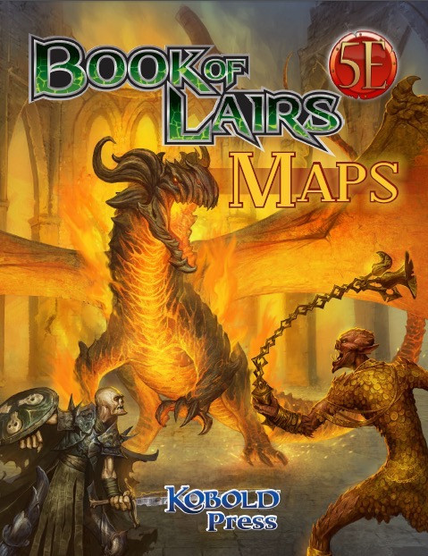 Book of Lairs Map Pack PDF cover featuring a fantasy scene with a dragon, humanoid creature, and warrior, gridded and gridless maps, published by Kobold Press, 25 monster lairs, adventure maps for Dungeons & Dragons.