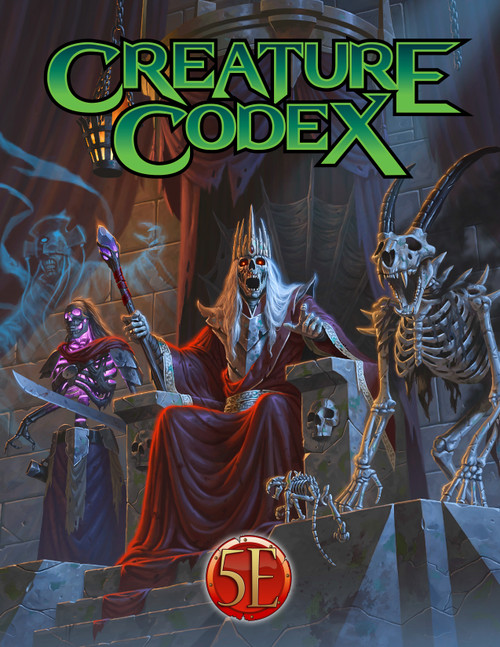 Creature Codex 5E PDF cover featuring a hooded figure, skeleton, and warrior in a dungeon setting with a 5E logo and green accents, showcasing a collection of nearly 400 new 5th Edition monsters for gamers.