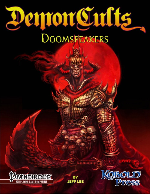Demon Cults 2: Doomspeakers PDF cover artwork, a demonic warrior in gold armor with scythe and red cape on a dark red background, by Jeff Lee for Kobold Press, Pathfinder compatible.
