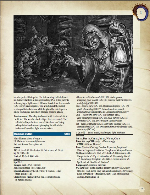 Halls of the Mountain King Pathfinder Roleplaying Game Edition PDF, a fantasy adventure book features a black and white illustration of characters in a mine amidst snow-covered mountains, detailing 8th-12th level character journey amidst snowy terrain.