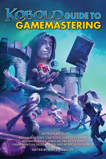 Kobold Guide to Gamemastering PDF cover, featuring a fantasy castle scene with characters and dice, by Sean K. Reynolds, 144-page digital book published by Kobold Press with industry expert essays and advice.