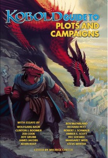 Kobold Guide to Plots & Campaigns PDF cover featuring a red dragon and gamemaster, with blue and yellow title text, on a fantasy landscape with city and cliffs, edited by Wolfgang Baur and others.