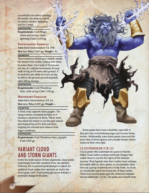 Pathfinder Roleplaying Game PDF, Larger Than Life: Giants, featuring blue giants in brown and gold armor, with long hair and lightning, 76-page book includes Thursir, Hill, Frost, Stone, Fire, Cloud, and Storm Giant NPCs.
