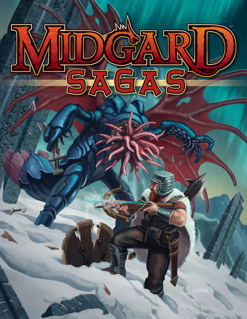 Midgard Sagas 5E PDF cover, featuring a fantasy warrior battling a blue dragon in snowy landscape, with bold red and gold typography, for 5th edition D&D levels 3-8 fantasy RPG adventures.