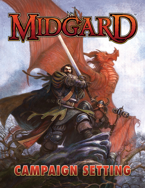 Midgard Worldbook PDF cover featuring a warrior in a dark fantasy setting, inspired by Eastern and Central European myths, with a large dragon and eerie landscapes in a deep magic world of hope and despair.