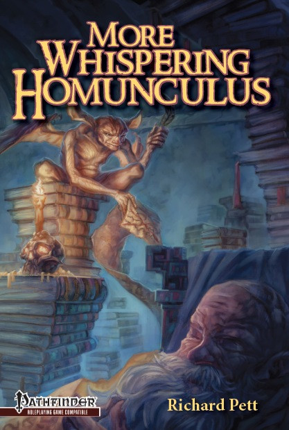 More Whispering Homunculus PDF by Richard Pett, a digital tabletop role-playing guide featuring bizarre charts, weird timepieces, and strange pets, from a renowned Pathfinder creator, 8 inches x 10 inches, full-color, black and white interior.