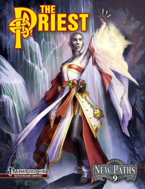 Pathfinder Roleplaying Game accessory for New Paths 9: The Priest PDF, featuring a priest in a white and red robe with gold accents standing before a waterfall, 1 PDF page, Paizo Publishing product.