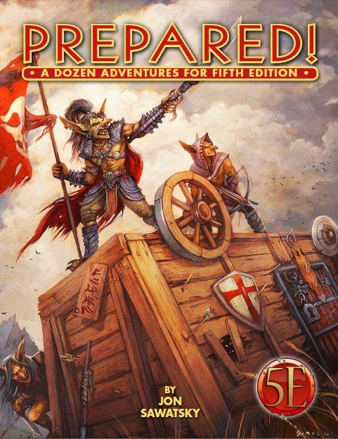Prepared A Dozen One-Shot Adventures PDF, cover art features colorful fantasy illustrations, a bold red logo, and medieval elements, showcasing warriors on a wooden structure with a striking design suitable for 5th edition fantasy games.