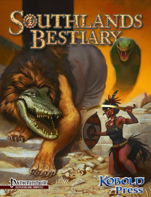 Southlands Bestiary for Pathfinder Roleplaying Game PDF, a 122-page full-color book featuring over 90 new monsters, including dinosaurs, demon lords, and jungle horrors, suitable for desert, jungle, and savanna campaigns.