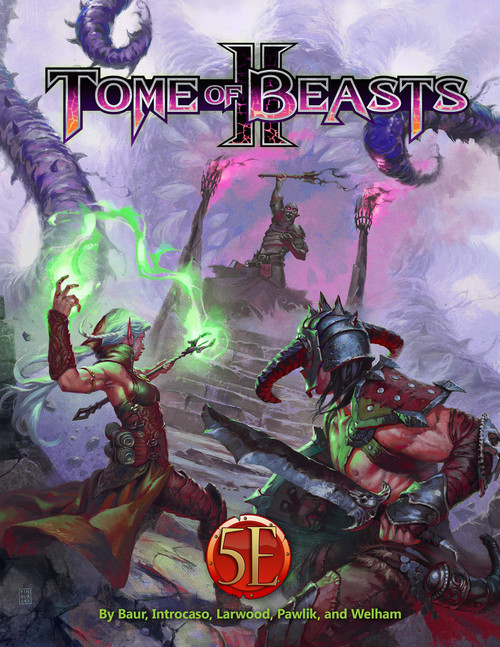 Tome of Beasts 2 PDF cover, featuring 400+ fantasy creatures in various environments with a green glowing effect, designed by Kobold Press for 5th edition Dungeons & Dragons, monsters for diverse settings.
