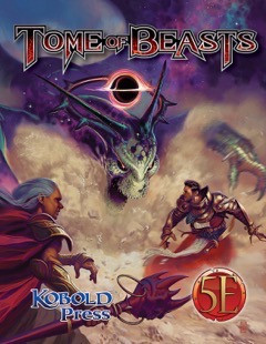 Tome of Beasts for 5th Edition PDF product cover featuring a fantasy scene, a dragon, warrior, and monsters, published by Kobold Press in red and gold logo against a purple and blue background.
