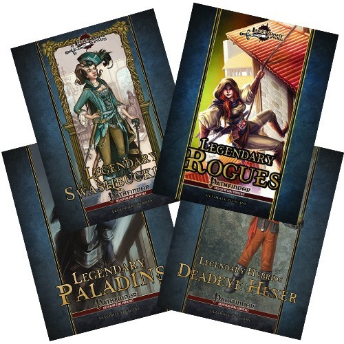 Legendary Heroes Bundle (PFRPG) PDF Bundle shows four different books with matching cover treatments, each featuring a different fantasy character engaged in a heroic act.