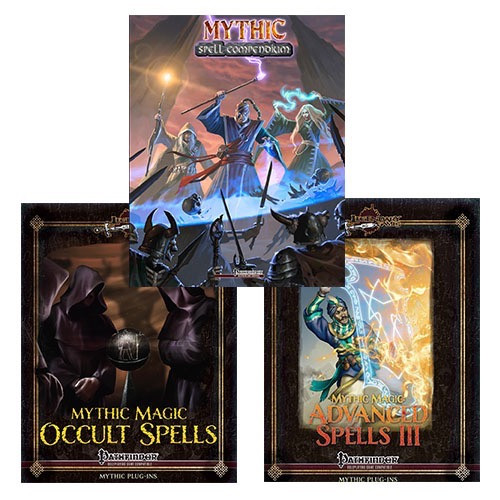 Mythic Magic Bundle (PFRPG) PDF Bundle shows three different books, each with a cover image of powerful fantasy characters creating potent magical effects and casting unusual spells.