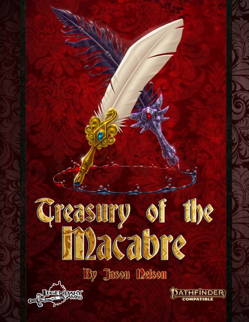 Treasury of the Macabre (PF2) PDF shows an image of a bejeweled quill pen crossed over a black-bladed dagger.