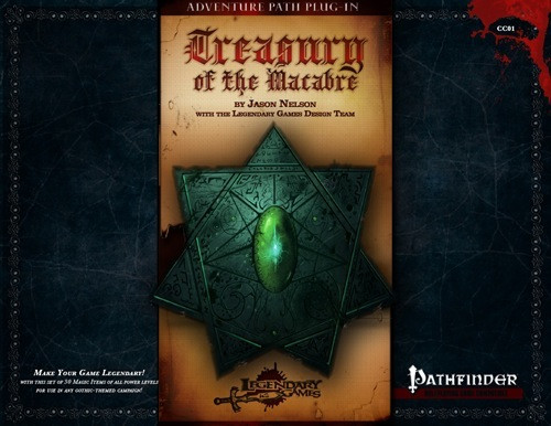 Treasury of the Macabre PDF shows an image of a jade-colored amulet in the shape of a seven-pointed star with a green gem at the center.