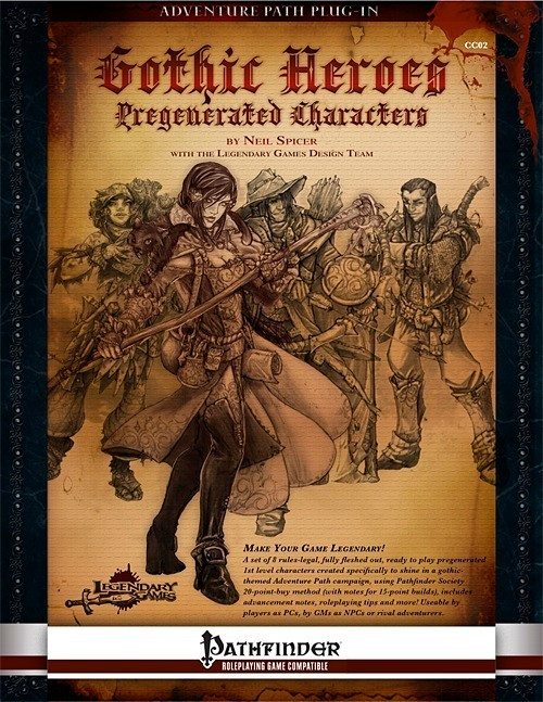 Gothic Heroes: Pregenerated Characters PDF shows a sepia-tone image of a lineup of different fantasy characters.