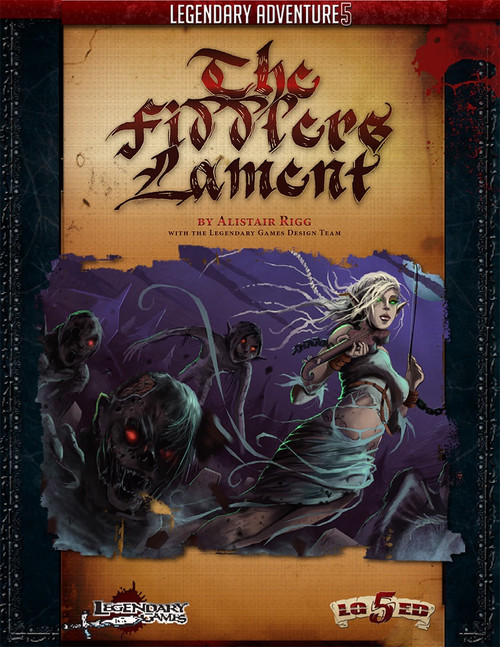 The Fiddler's Lament (5th Ed) PDF shows an image of a mysterious humanoid woman leading shadowy figures through the night.