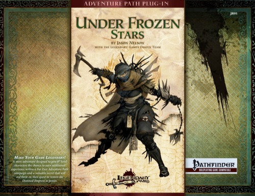 Under Frozen Stars (PFRPG) PDF shows an image of an spiky armored humanoid wielding a long chain with a sickle at one end and a weight at the other.